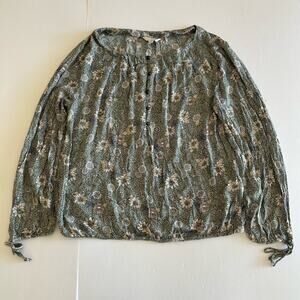 Lucky Brand Women's Green Floral Printed Lightweight Long Sleeve Blouse Medium